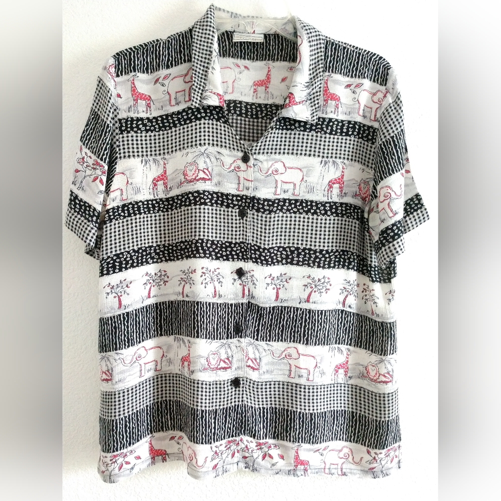 Napa Valley Petites Shirt Safari Animals Gingham Black White Red PM Chest 36"